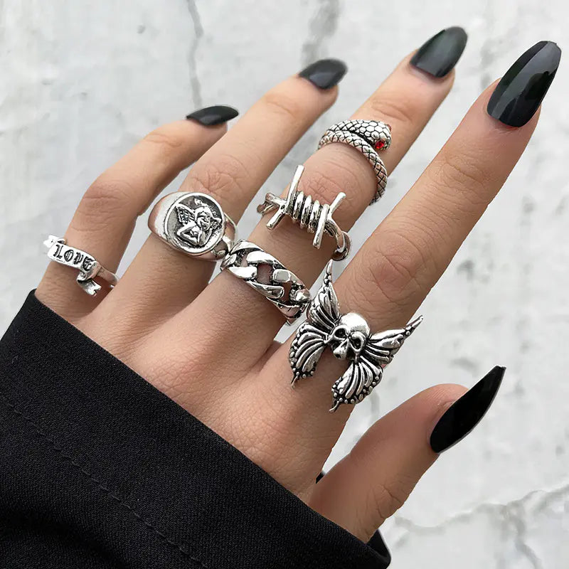 Silver Tone Dark Aesthetic Ring Set