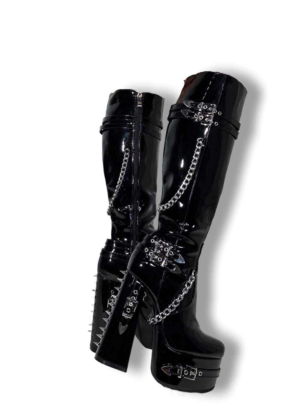Frankie Hsu Goth Sexy Chunky Platform Knee High Heeled Boots Black Patent Silver Chain Rivets Gothic Punk Y2K Hot Girl Big Large Size Wide Calf Long Shoes For Women Men