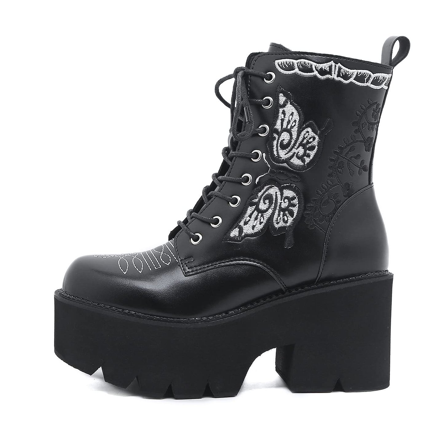 GooMaShoes Womens Chunky Block Heel Goth Platform Boots Punk High Heels Combat Boots Gothic Lace up Emo Black Boots Embroidery (US Size 9)