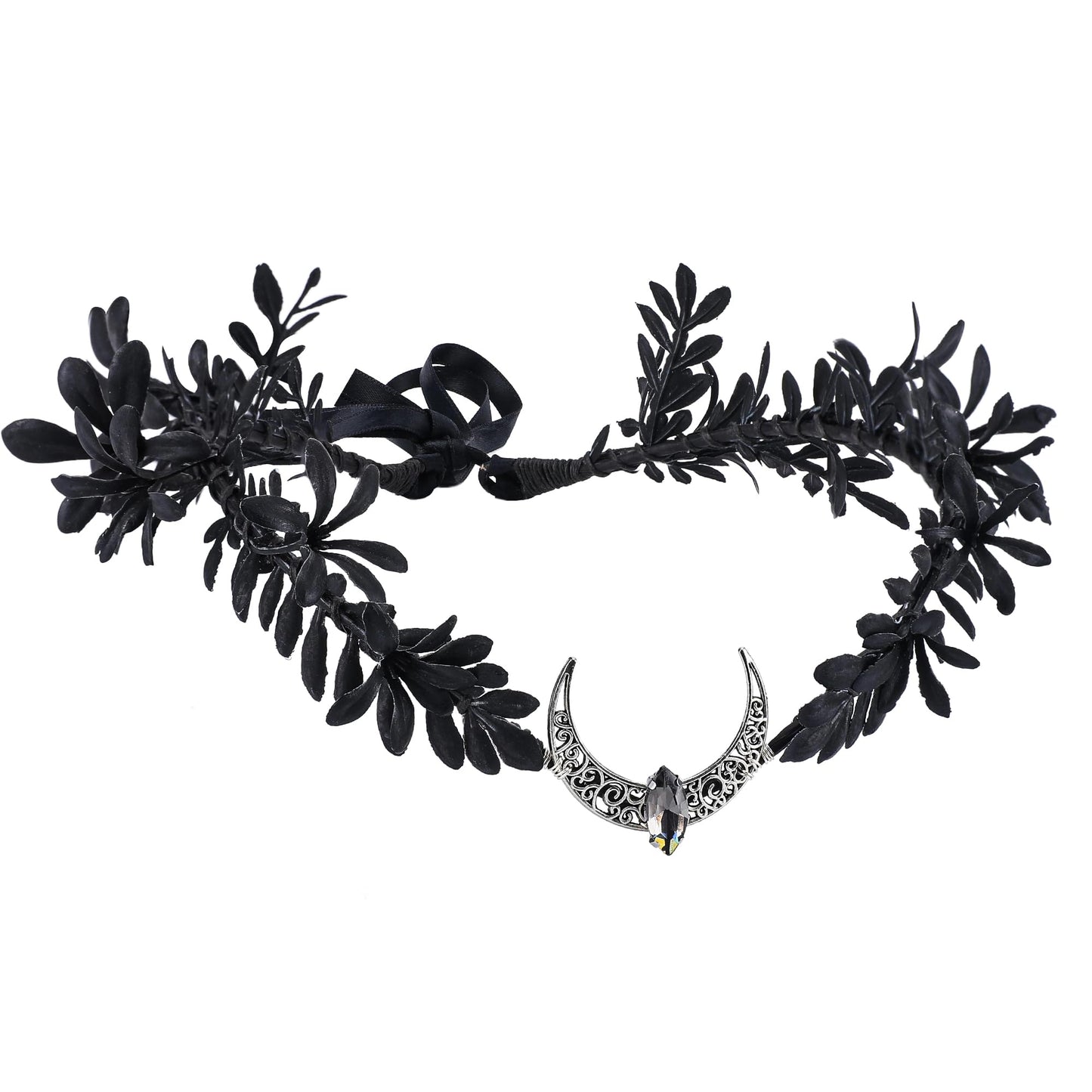 MOSTORY Black Moon Flower Crown - Handmade Gothic Elf Headpiece Woodland Dark Floral Headband Fairy Circlet for Renaissance Halloween Goth Wedding Party Cosplay Photo Shoot