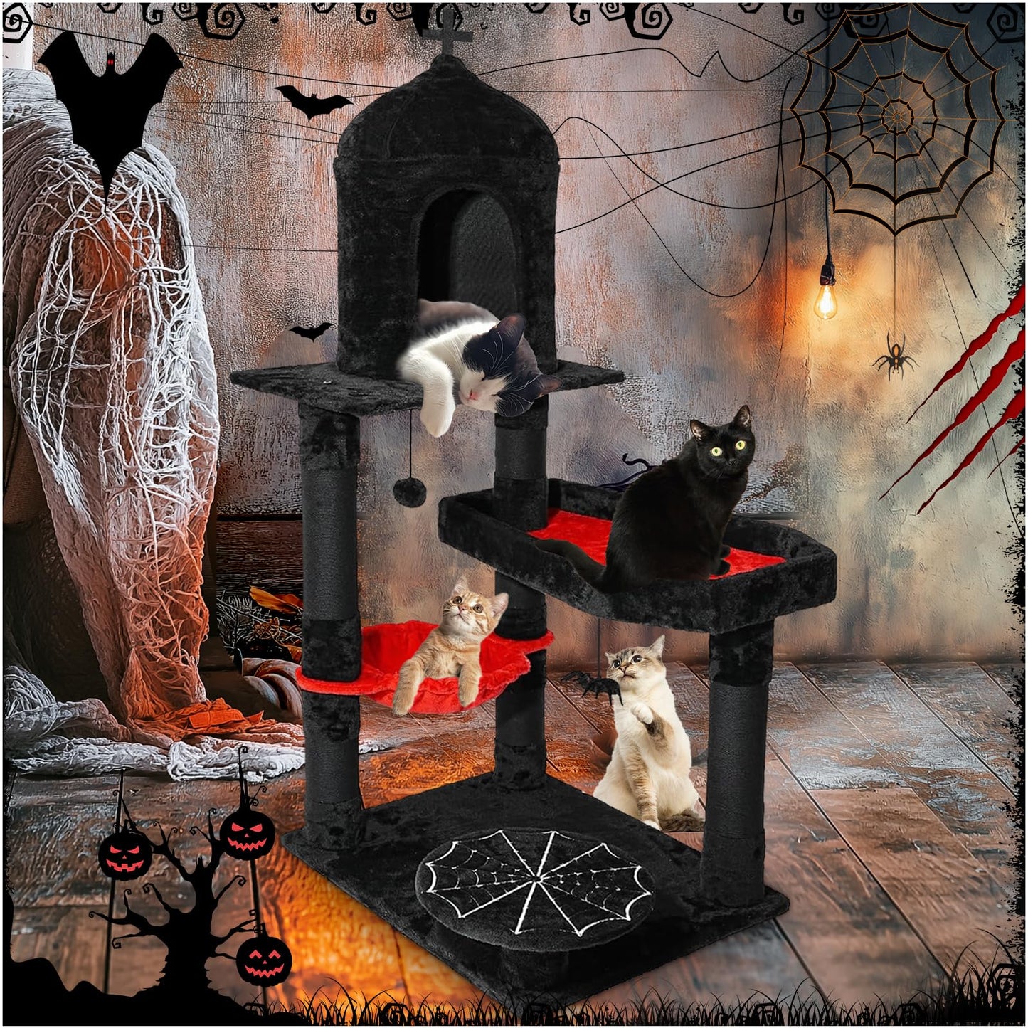 Gothic Cat Tree with Coffin Bed 55" Goth Cat Tower with Spacious Cat Condo Scratching Posts Hanging Spider Hammock Halloween Spooky Black Cat Tree Multi-Level Activities Furniture for Large Cats