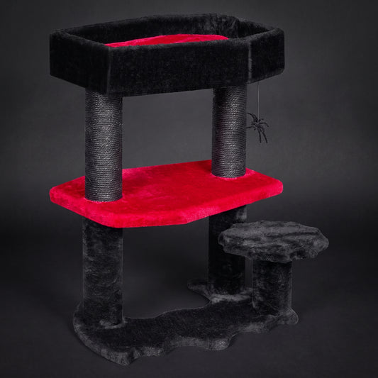 BEWISHOME Gothic Cat Tree with Coffin Cat Bed Goth Cat Tower Coffin Cat Tree with Scratching Post Spider Hanging Ball Halloween Black Red Pet Furniture MMJ94R