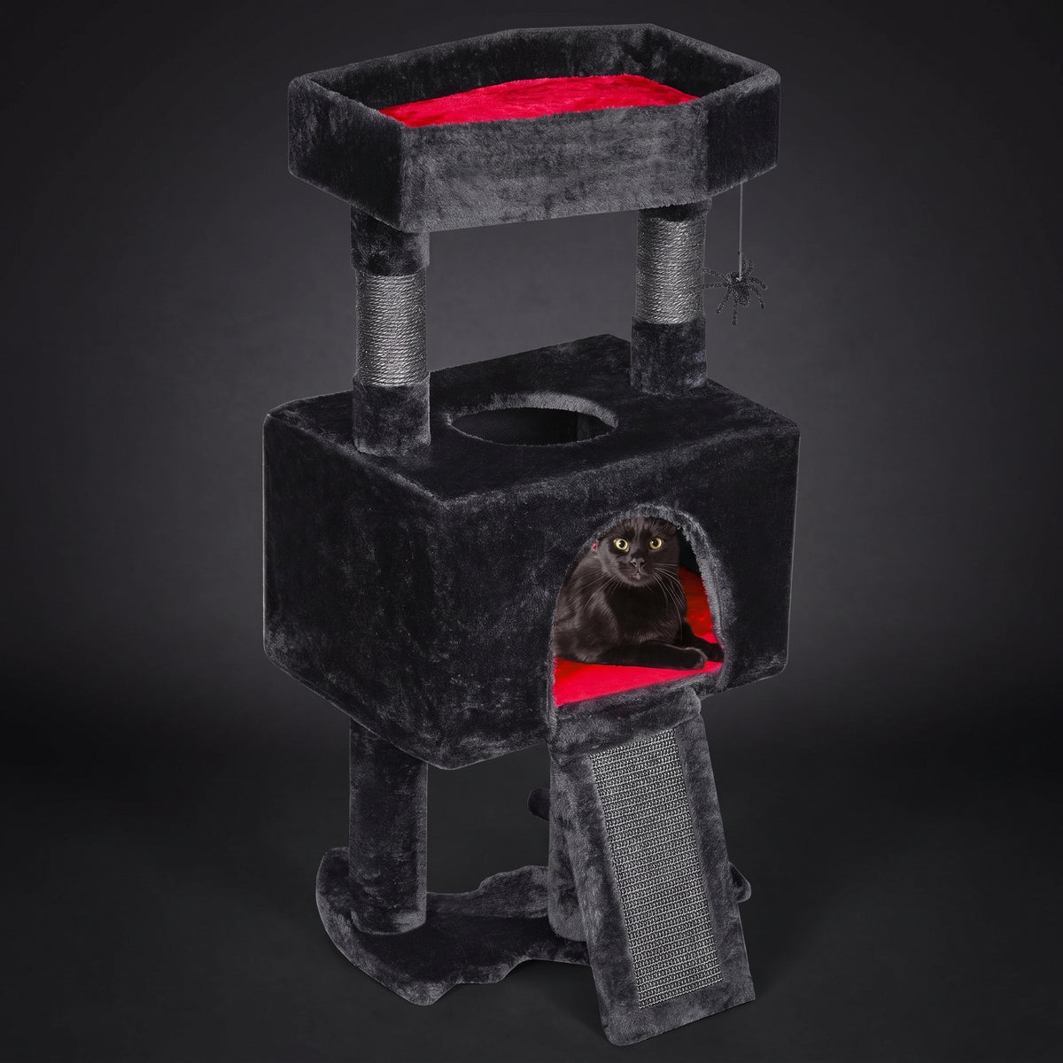 BEWISHOME Gothic Cat Tree with Coffin Cat Bed Goth Cat Tower Coffin Cat Tree with Spacious Cat Condo Soft Cushion Scratching Post Spider Hanging Ball Halloween Black Red Pet Furniture MMJ95R
