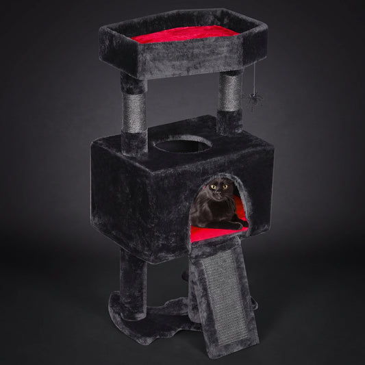 BEWISHOME Gothic Cat Tree with Coffin Cat Bed Goth Cat Tower Coffin Cat Tree with Spacious Cat Condo Soft Cushion Scratching Post Spider Hanging Ball Halloween Black Red Pet Furniture MMJ95R