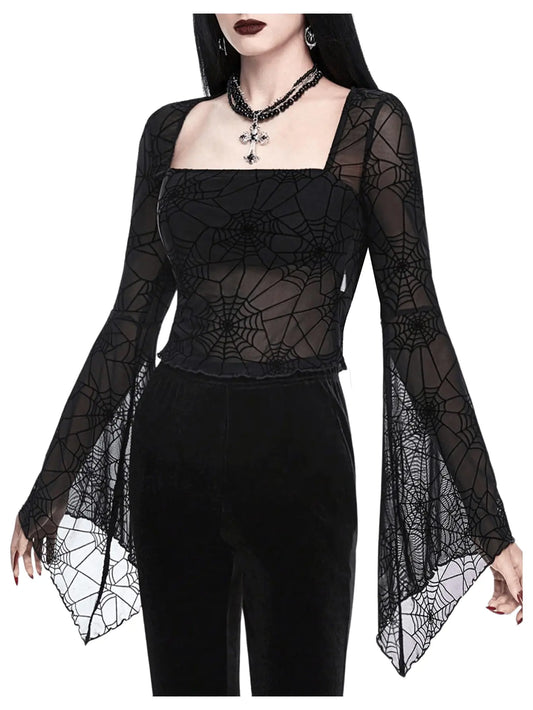 Spiderweb Mesh Bell Sleeve Top