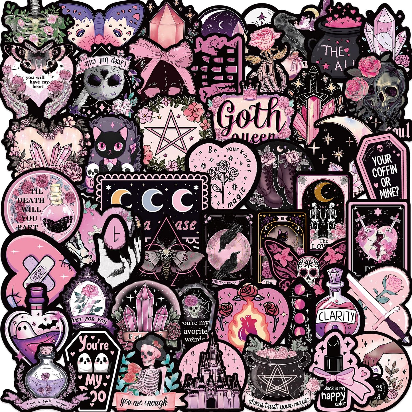 50PCS Anime Gothic Stickers Waterproof Vinyl Skull Decal Pink Goth Stickers for Water Bottle Kindle Laptop Skateboard Luggage Bicycle Aesthetic Graffiti Witch Stickers for Teens Adults