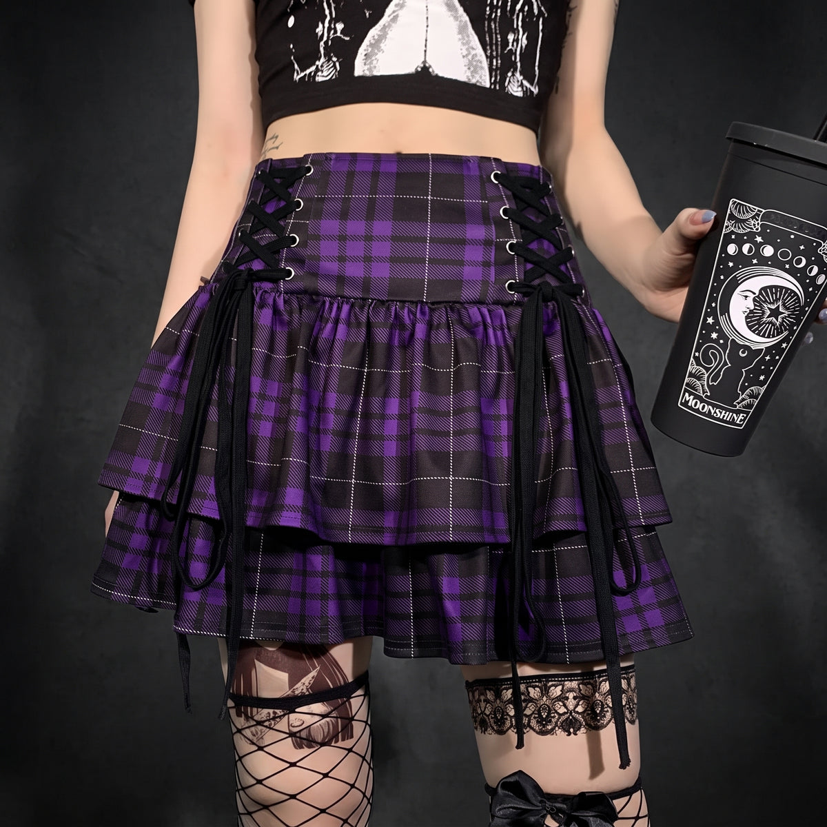 Dark Gothic Double-layer Lace-up Check Skirt
