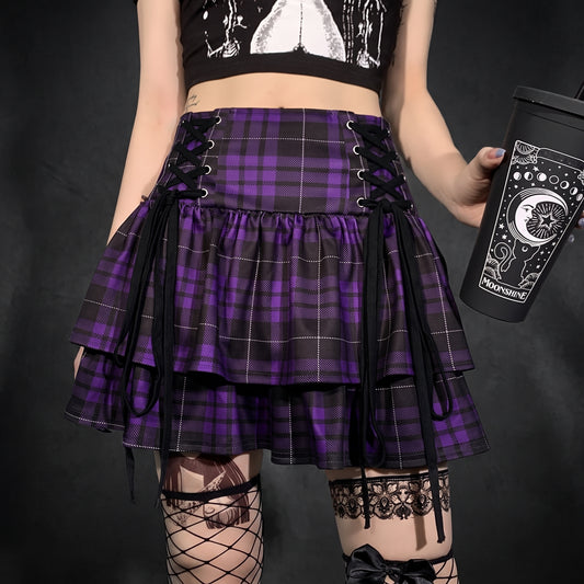 Dark Gothic Double-layer Lace-up Check Skirt