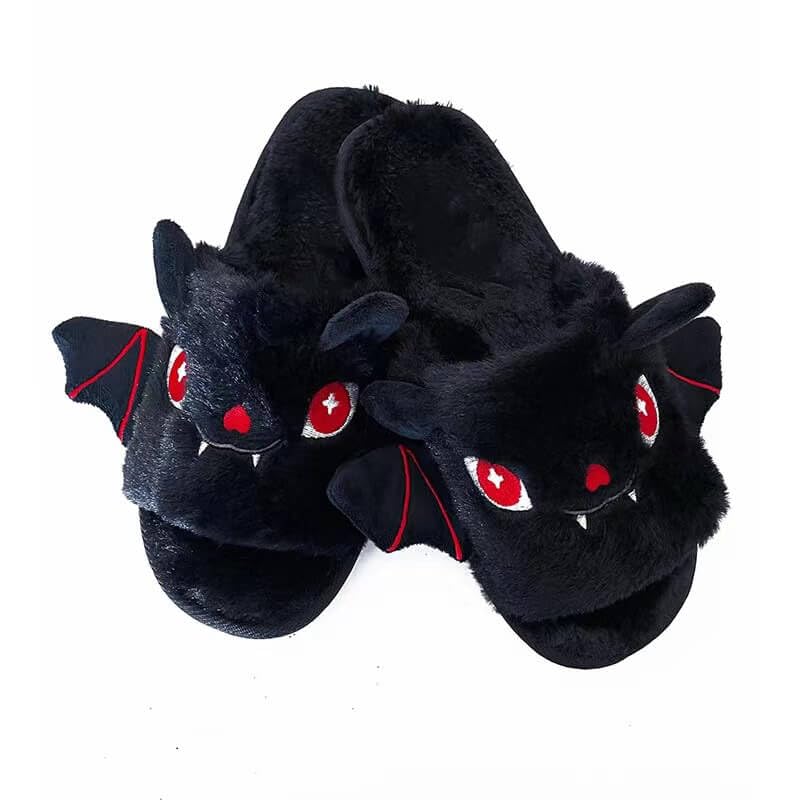 Gothic Rebel Black Fuzzy Comfy Bat Slippers