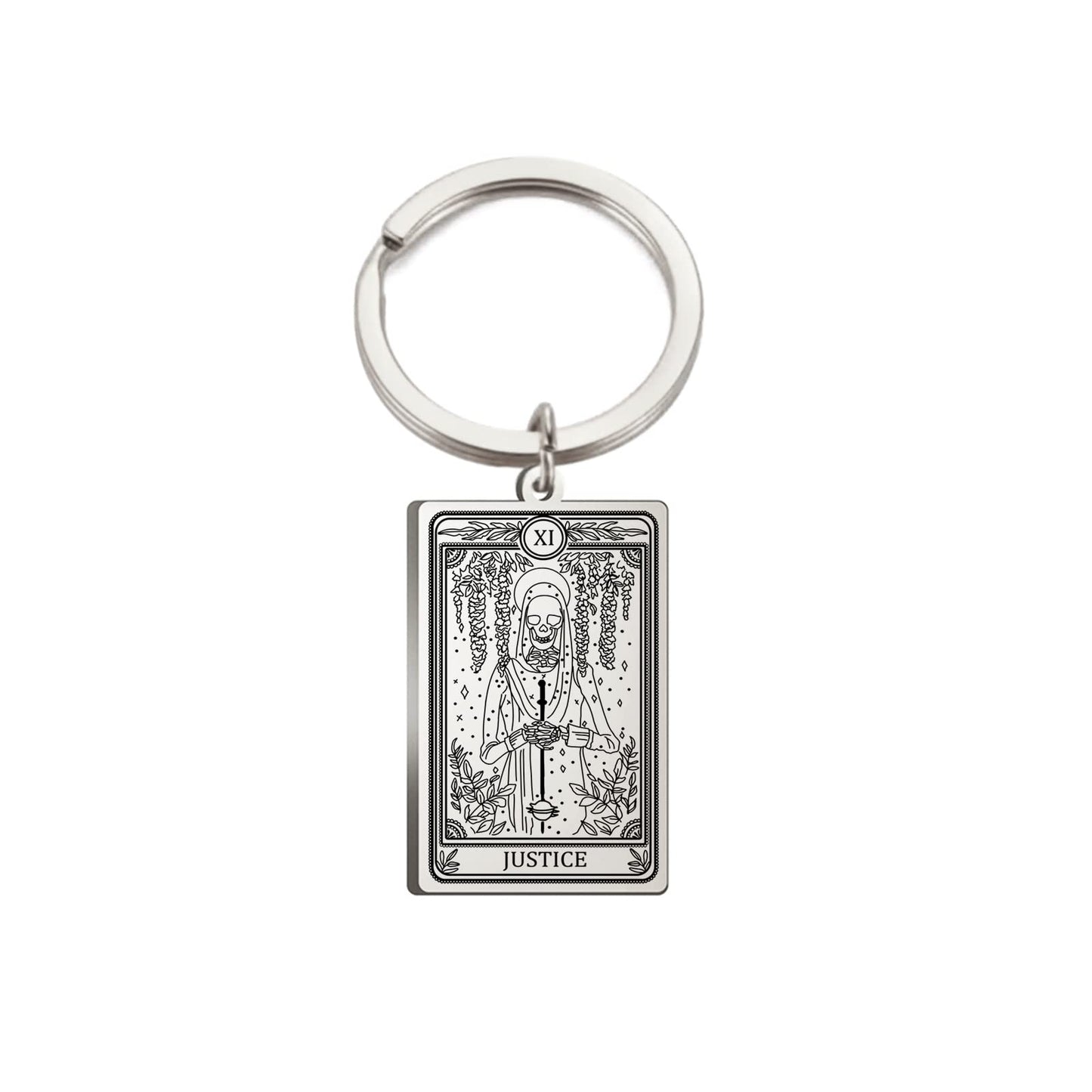 TEAMER Skeleton Tarot Cards Keychains Stainless Steel Amulet Marigold Tarot Card Major Arcana Keyring for Keys Cars Bags (Steel Color-JUSTICE)