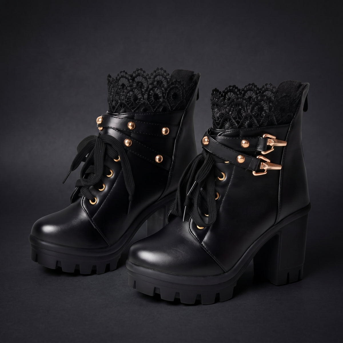 FOREADA Goth Boots Chunky Heel Boot For Women Ankle Combat Booties Black Platform Bootie Buckle Rivets Punk Goth Shoes With Zipper