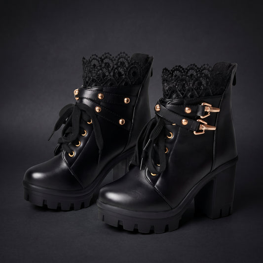 FOREADA Goth Boots Chunky Heel Boot For Women Ankle Combat Booties Black Platform Bootie Buckle Rivets Punk Goth Shoes With Zipper