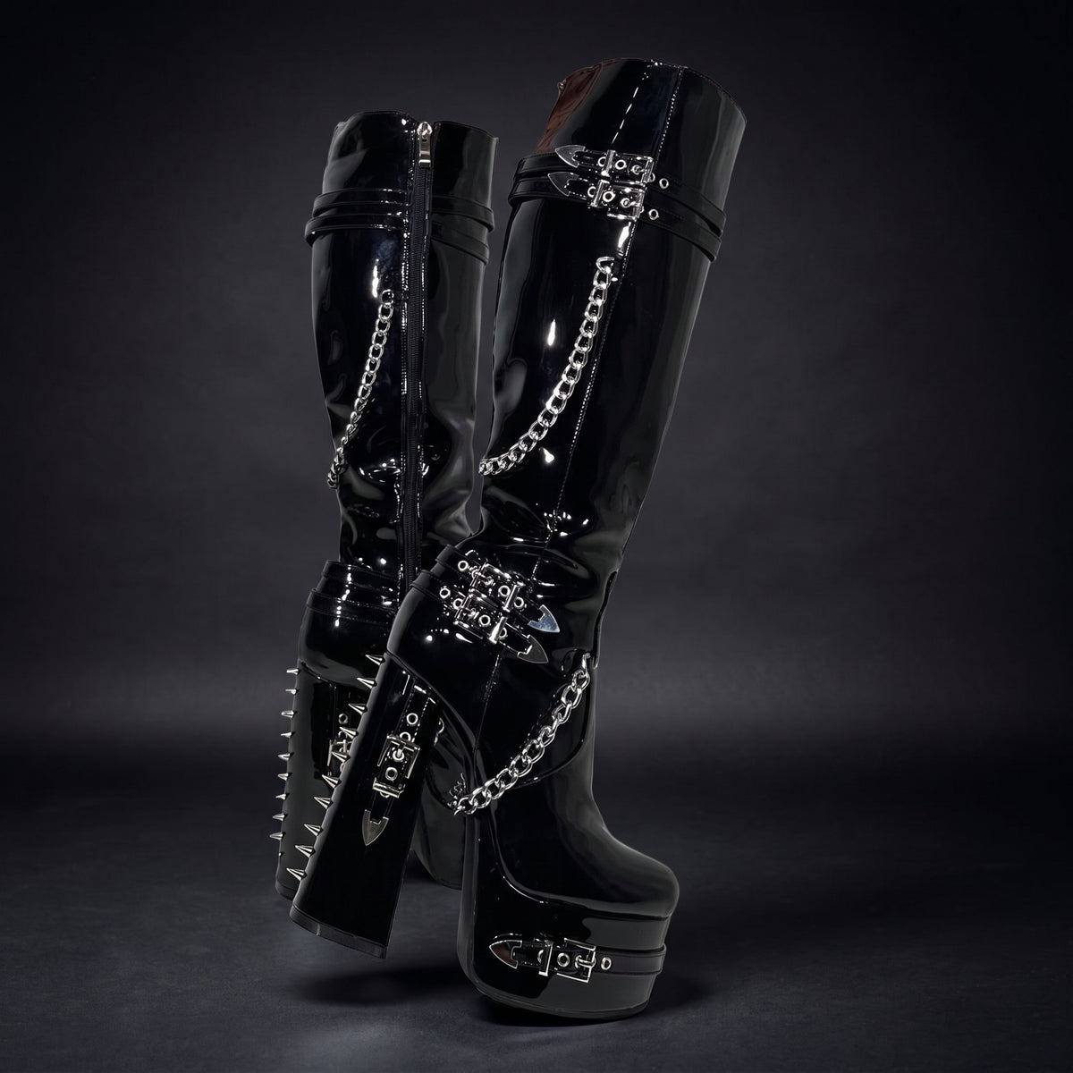Frankie Hsu Goth Sexy Chunky Platform Knee High Heeled Boots Black Patent Silver Chain Rivets Gothic Punk Y2K Hot Girl Big Large Size Wide Calf Long Shoes For Women Men