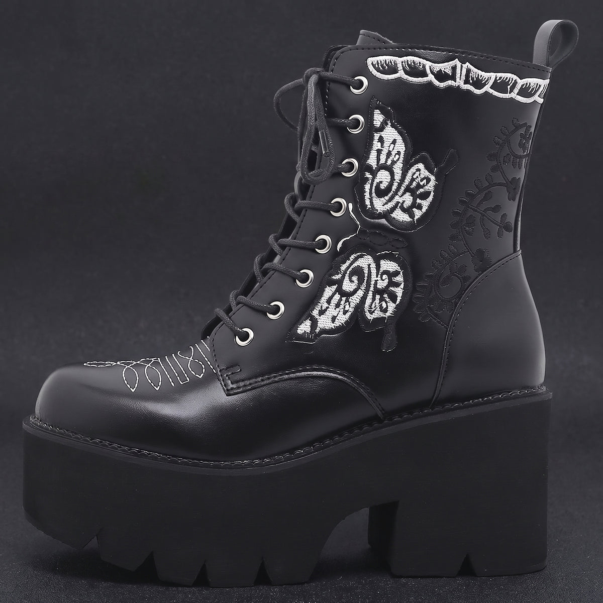 GooMaShoes Womens Chunky Block Heel Goth Platform Boots Punk High Heels Combat Boots Gothic Lace up Emo Black Boots Embroidery (US Size 9)