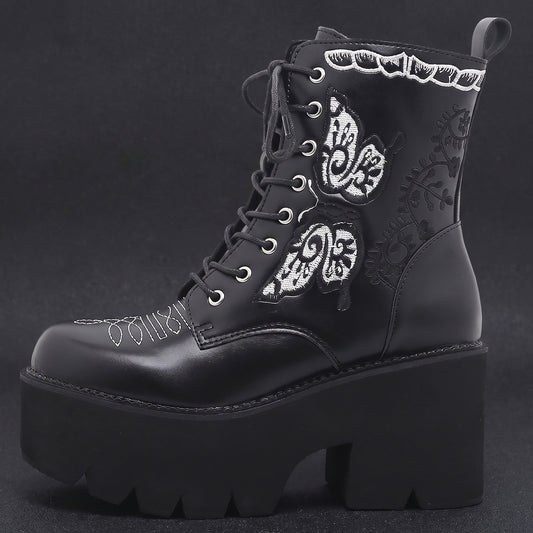 GooMaShoes Womens Chunky Block Heel Goth Platform Boots Punk High Heels Combat Boots Gothic Lace up Emo Black Boots Embroidery (US Size 9)