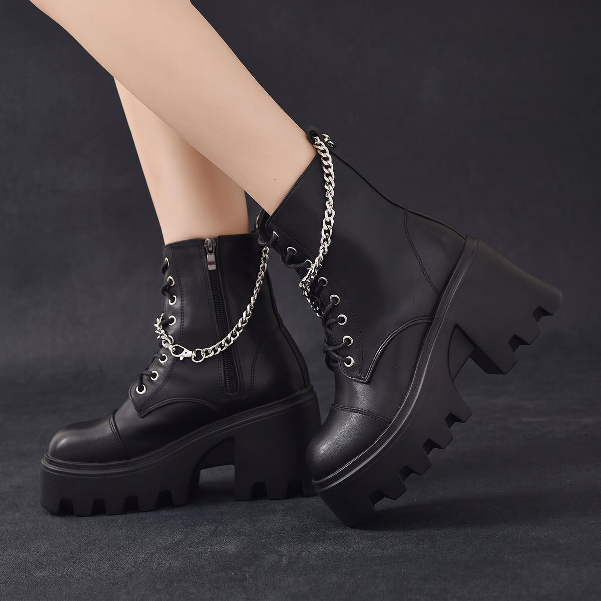 Gothic Black Patent Leather Boots - Large Size Winter Edition