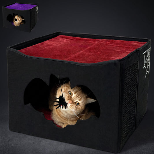 Gothic Cat Bed is for Indoor Cats or Pets Foldable as Cat Halloween House 17x17x12.8 with Bat Entry Spider Toy Scratch Pad and Soft Cushion for Goth Cat Gothic Cat House Black and Red Color