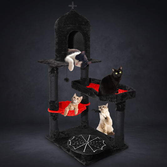 Gothic Cat Tree with Coffin Bed 55" Goth Cat Tower with Spacious Cat Condo Scratching Posts Hanging Spider Hammock Halloween Spooky Black Cat Tree Multi-Level Activities Furniture for Large Cats