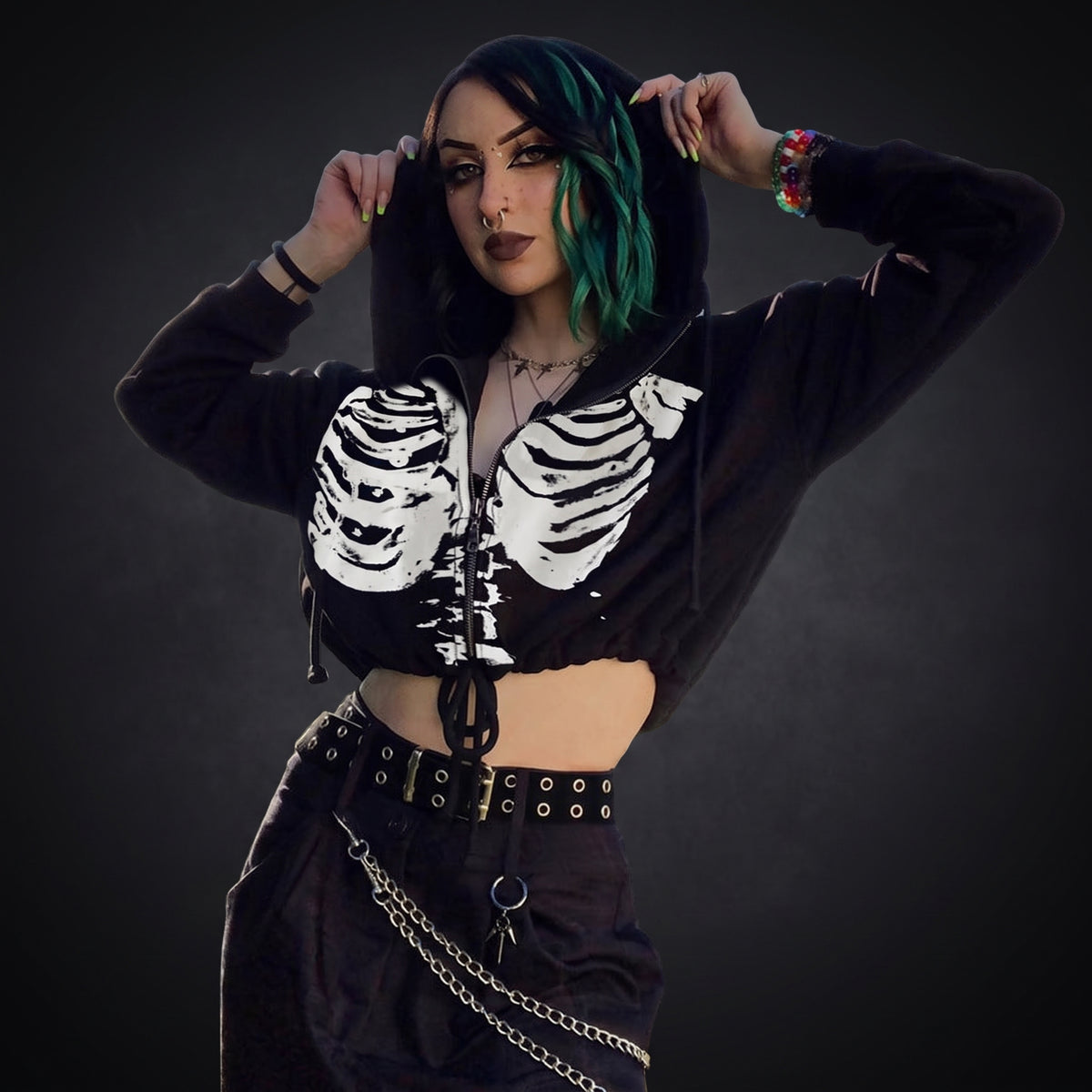 Gothic Long Sleeve Drawstring Crop Hoodie for Women
