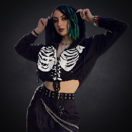Gothic Long Sleeve Drawstring Crop Hoodie for Women