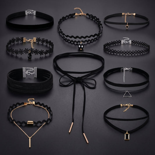 Gothic Minimalist Choker Necklace Set with Lace