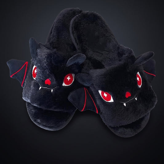 Gothic Rebel Black Fuzzy Comfy Bat Slippers
