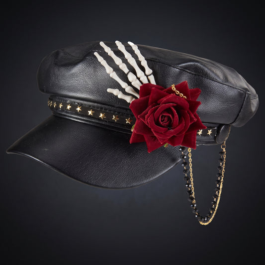 Gothic Steam Punk Rose Bead Necklace and Skull Cap
