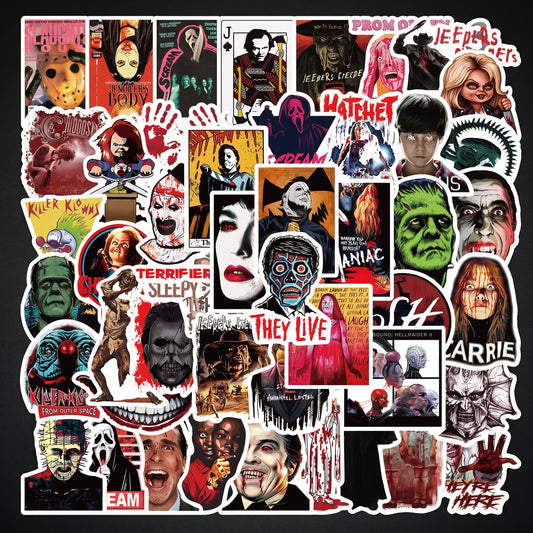 Gxizlba 50 Pcs Horror Stickers Horror Movies Scary Movie Gifts Spooky Decorations Halloween Party Gifts Sticker Kids Teens Adults DIY Bumper Helmet Journal Phone Laptops Decals