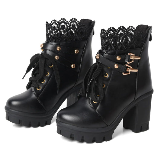 Lace Trim Chunky Heel Platform Ankle Boots with Buckle Straps