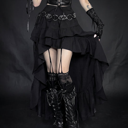 Insgoth Gothic Long Maxi Skirt for Women Goth Black High-Waist Asymmetrical Punk