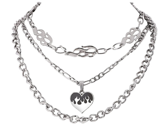 Flame Heart Layered Chain Choker Necklace Set