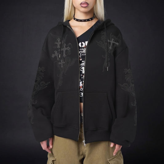 Grunge Cross Graphic Zip Hoodie