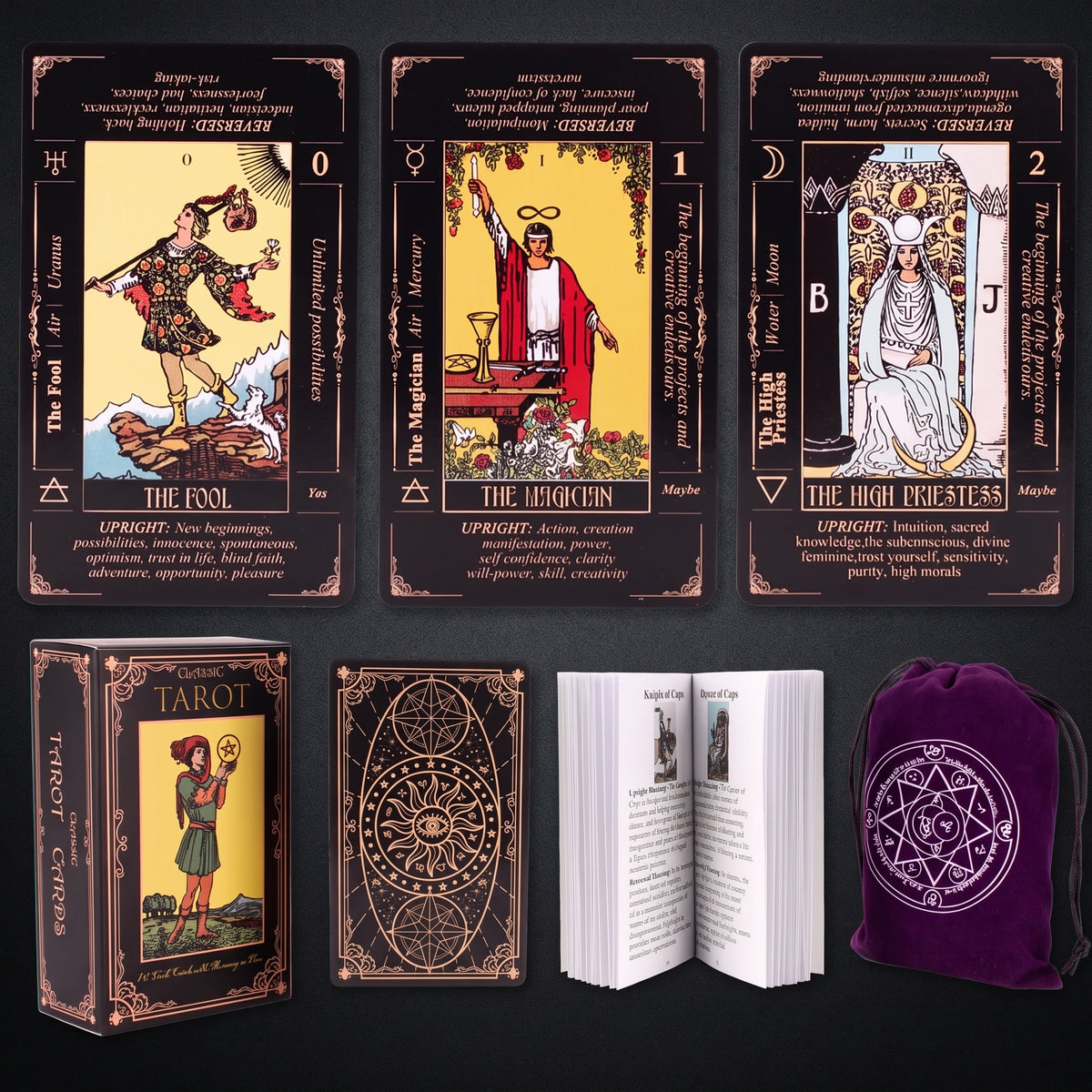 KLEDERY Tarot Cards for Beginners Classic Tarot Cards with Meanings on Them Durable Tarot Cards with Guide Book for Beginners (Black)