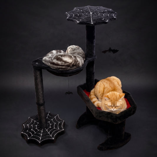 Littlesy Gothic Cat Tree with Coffin Cat Bed Hammock Spider & Bat Goth Cat Toys - 35 Inch Tall Coffin Cat Tree for Gothic Cat Lovers with Luxurious Gothic Cat Bed Experience Black and Red