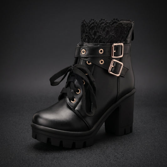 MEOTINA Goth Platform Boots Lace Buckle Gothic Cosplay Booties Chunky High Heels Ankle Boots Zipper Punk Shoes Black 7.5