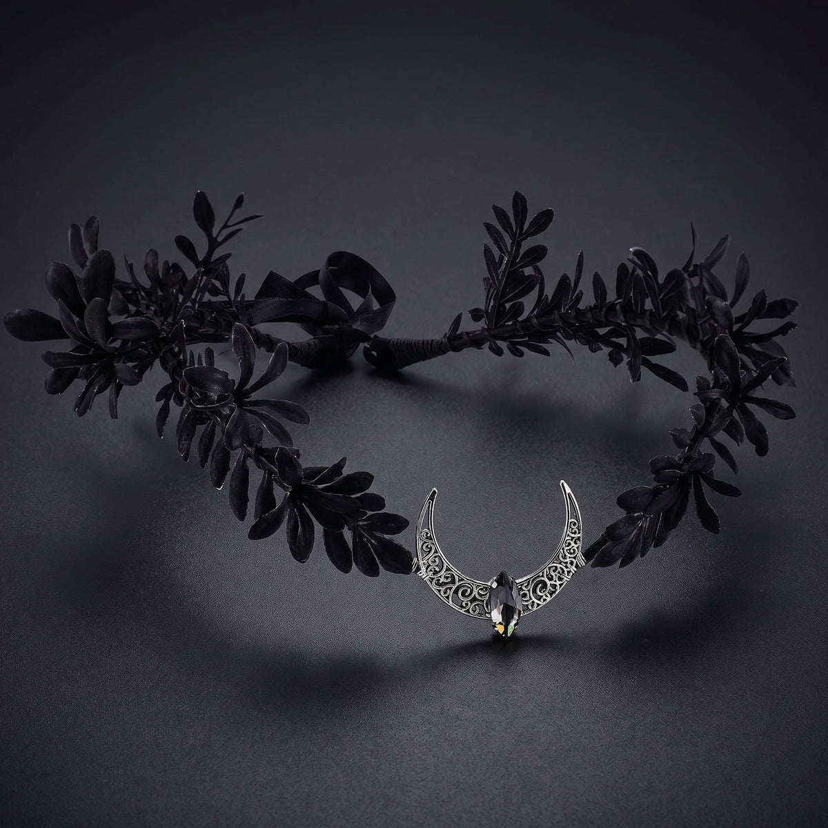 MOSTORY Black Moon Flower Crown - Handmade Gothic Elf Headpiece Woodland Dark Floral Headband Fairy Circlet for Renaissance Halloween Goth Wedding Party Cosplay Photo Shoot