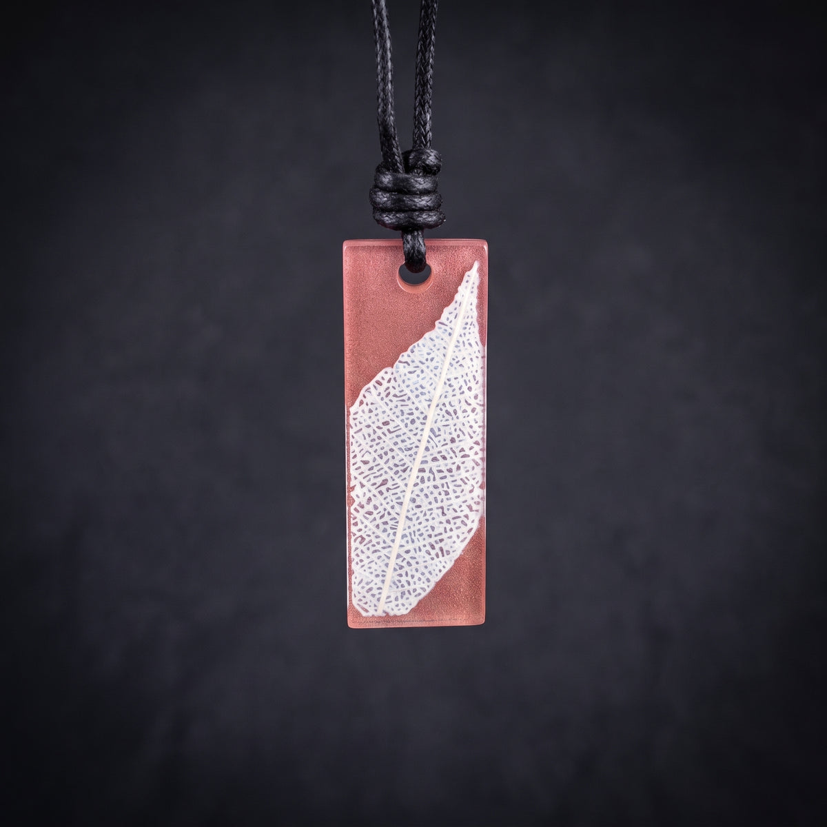 Nature inspired long rectangle pendant, Skeleton Leaf Necklace brown and cream