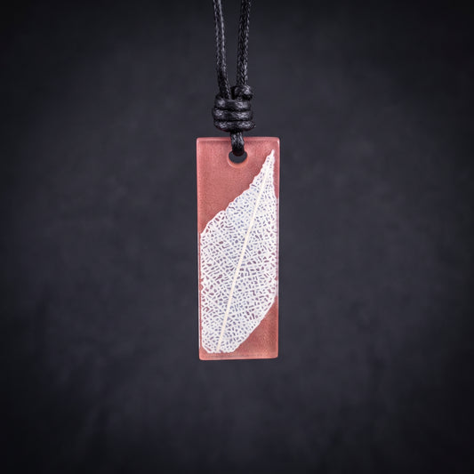 Nature inspired long rectangle pendant, Skeleton Leaf Necklace brown and cream