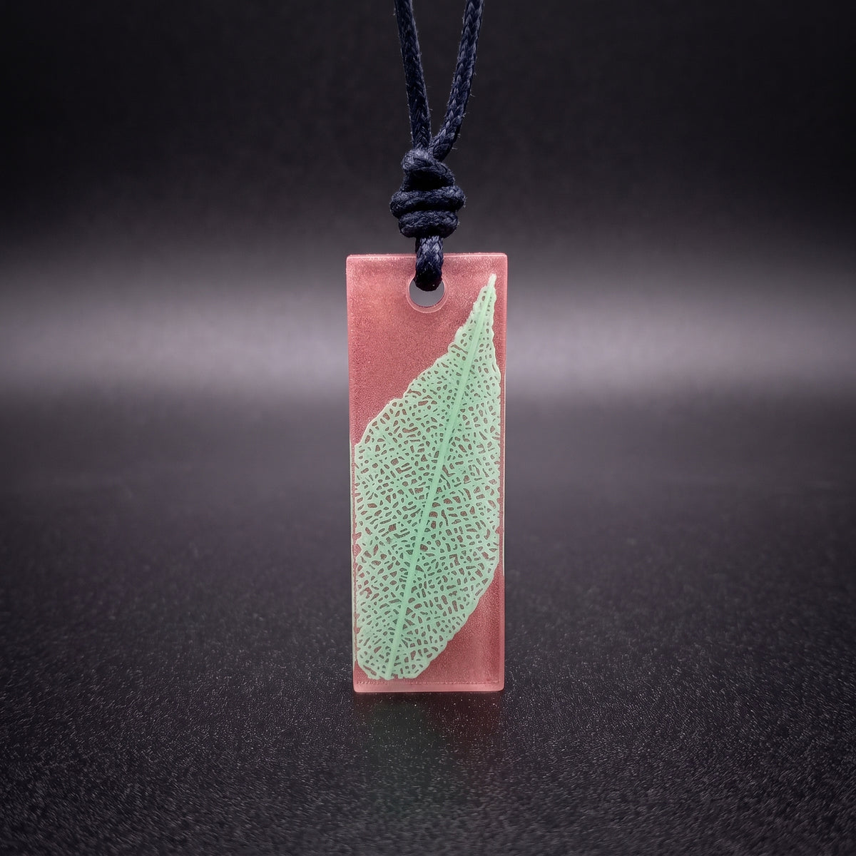 Nature inspired long rectangle pendant, Skeleton Leaf Necklace brown and green