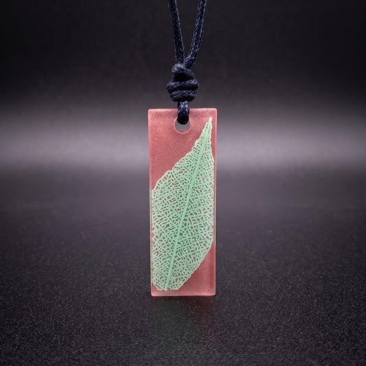 Nature inspired long rectangle pendant, Skeleton Leaf Necklace brown and green