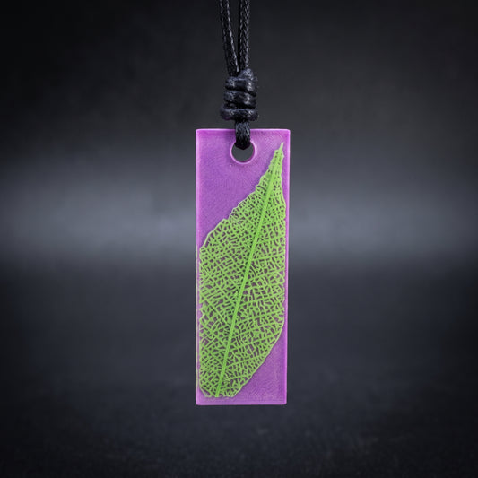 Nature inspired long rectangle pendant, Skeleton Leaf Necklace purple and green