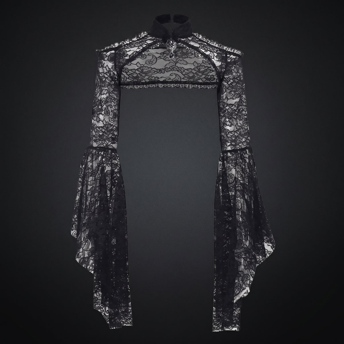 Sheer Mesh Lace Shrug Bolero Trad Goth Crop Top Floral Gothic Bell Sleeve Bohemian Renaissance See Thru Rave Shawl Top