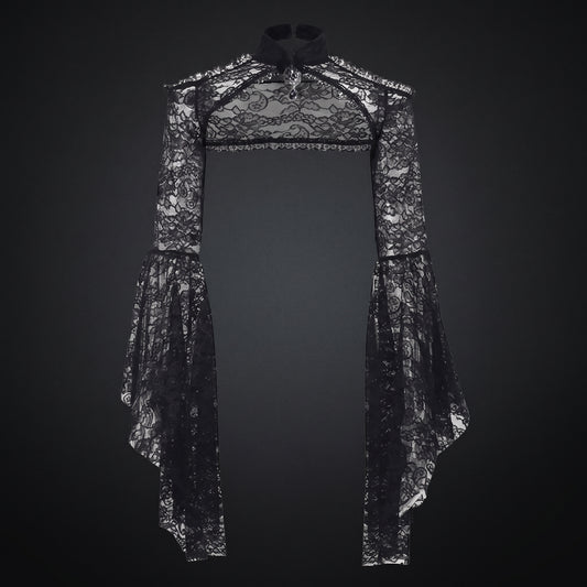 Sheer Mesh Lace Shrug Bolero Trad Goth Crop Top Floral Gothic Bell Sleeve Bohemian Renaissance See Thru Rave Shawl Top