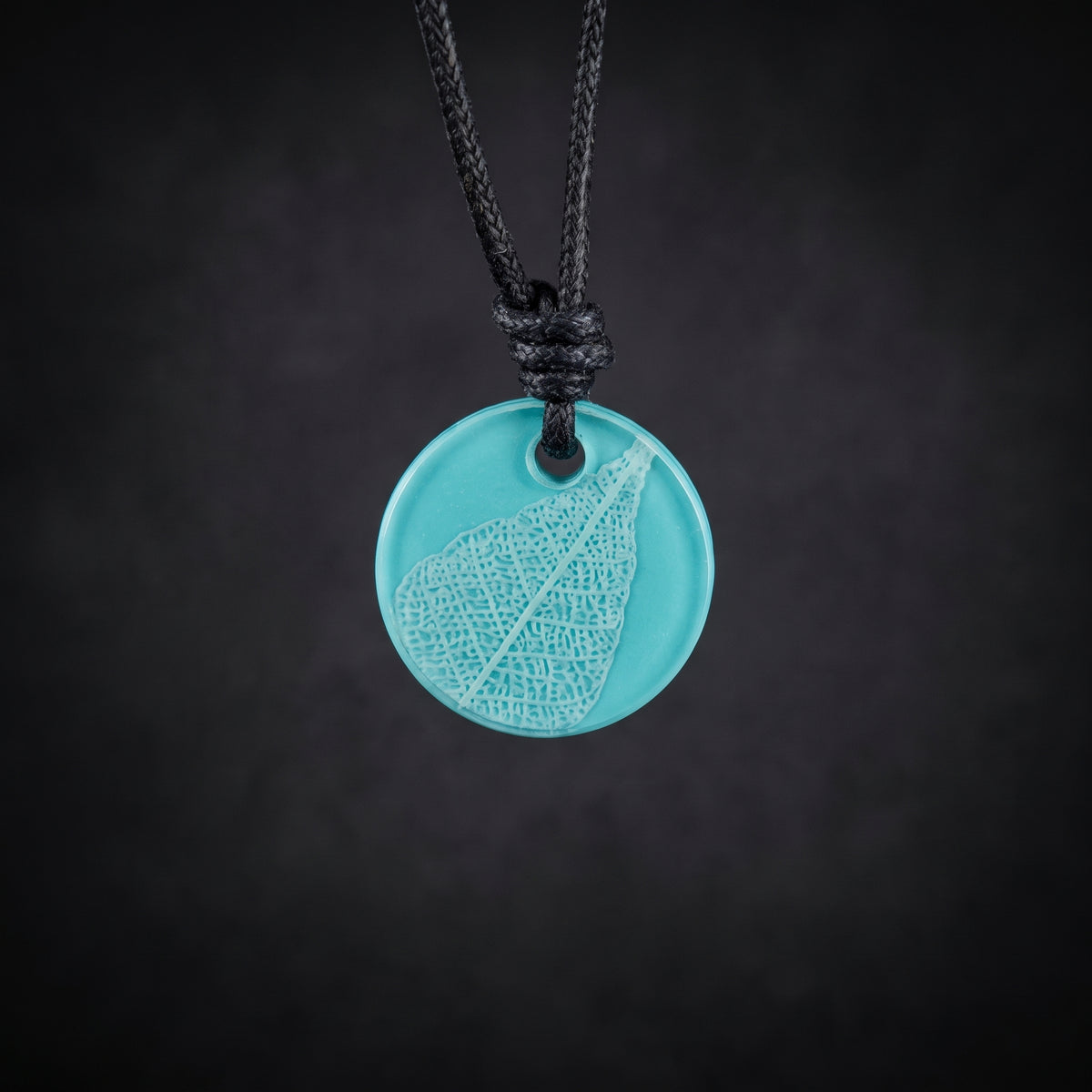 Skeleton Leaf Necklace, Nature inspired circle pendant blue and white