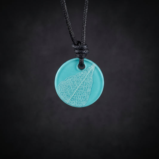 Skeleton Leaf Necklace, Nature inspired circle pendant blue and white