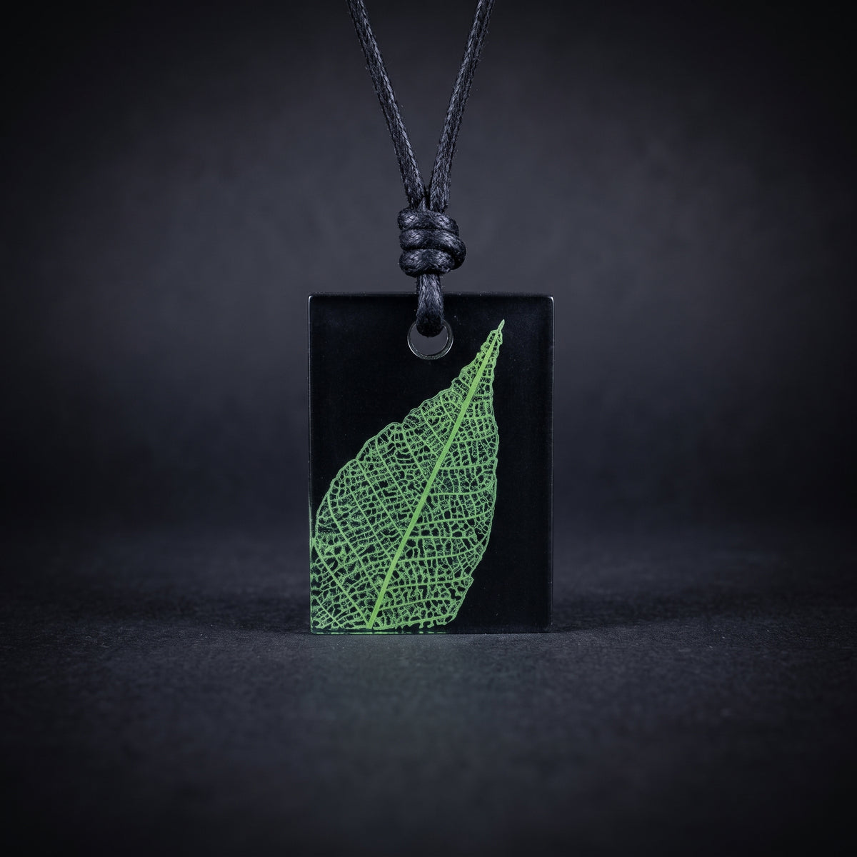 Skeleton Leaf Rectangle Necklace, Nature inspired pendant black and green