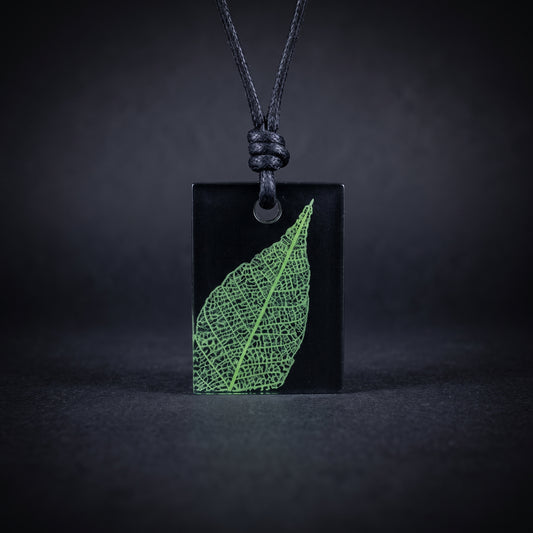 Skeleton Leaf Rectangle Necklace, Nature inspired pendant black and green