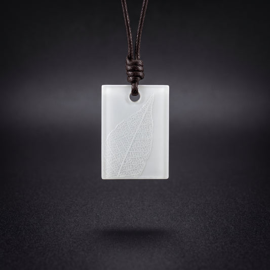 Skeleton Leaf Rectangle Necklace, Nature inspired pendant blue and white