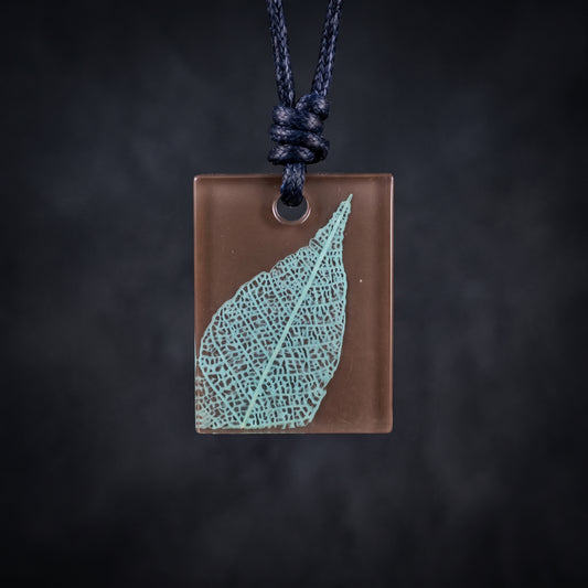 Skeleton Leaf Rectangle Necklace, Nature inspired pendant brown and green