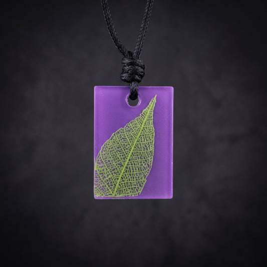 Skeleton Leaf Rectangle Necklace, Nature inspired pendant purple and green